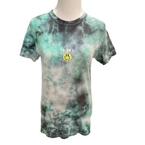 Gildan Trippy Smiley Face Melting Embroidered on Black/Green Tie-dyed Tee Sz. S